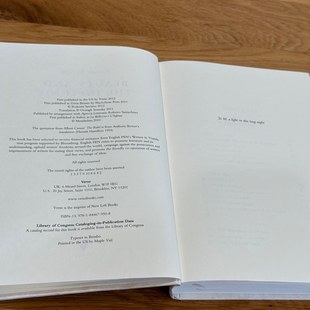 Beauty and the Inferno Roberto Saviano Verso 2012 Hardcover Essays First Edition